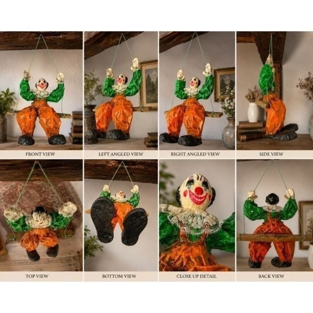 Vintage Mexican Paper Mache Clown on Swing Folk Art Hand Painted Hanging Decor